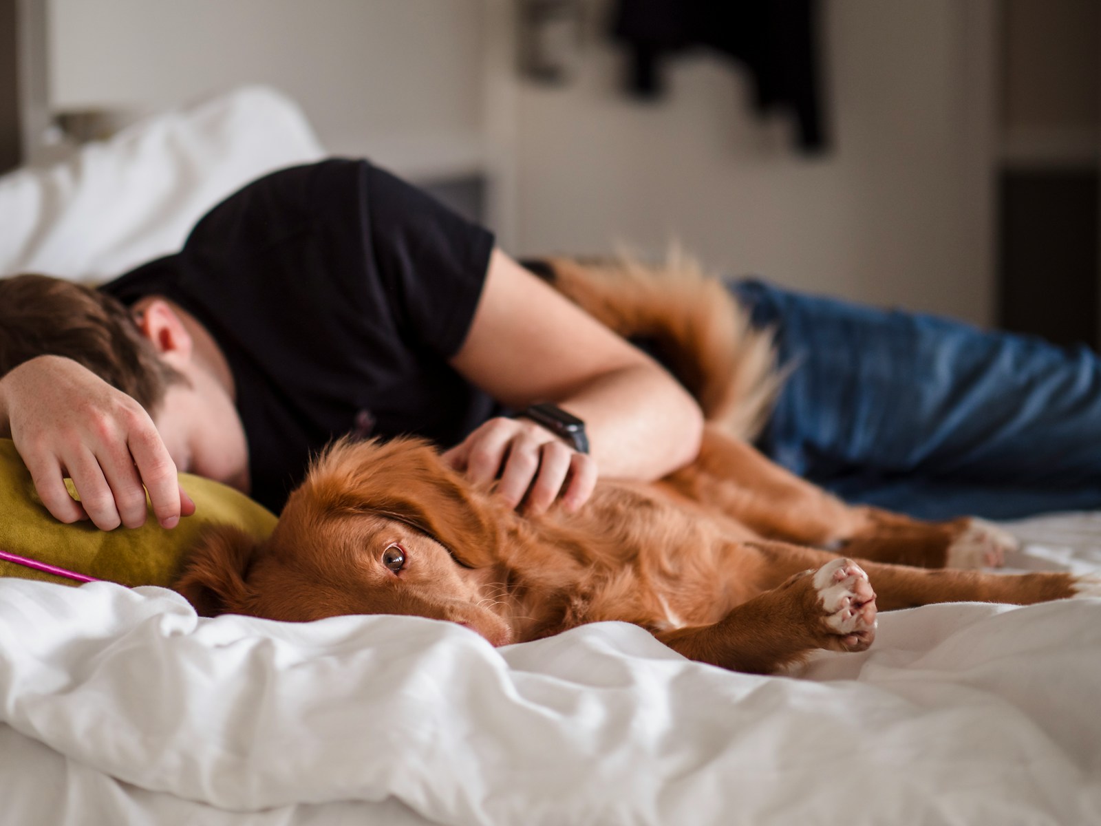 person in black shirt lying on bed